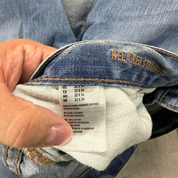 American Eagle Jeans Men 32x34 Relaxed Straight Distressed Blue Denim Streetwear - Picture 6 of 14